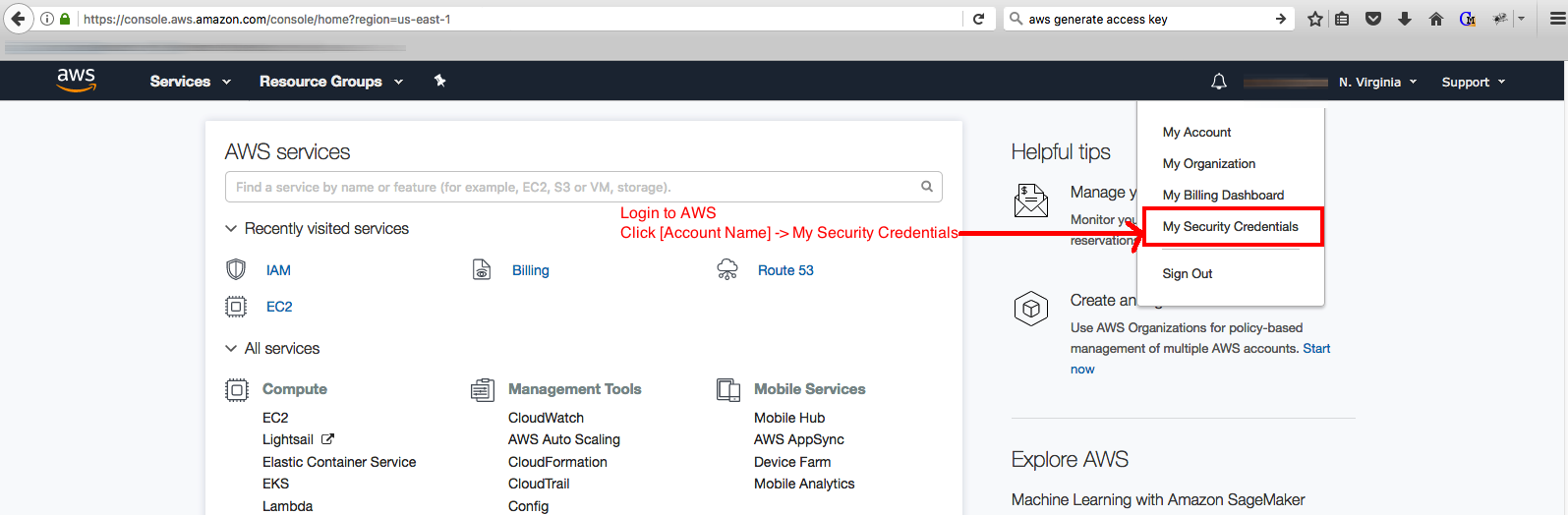 AWS Security Credentials Tab
