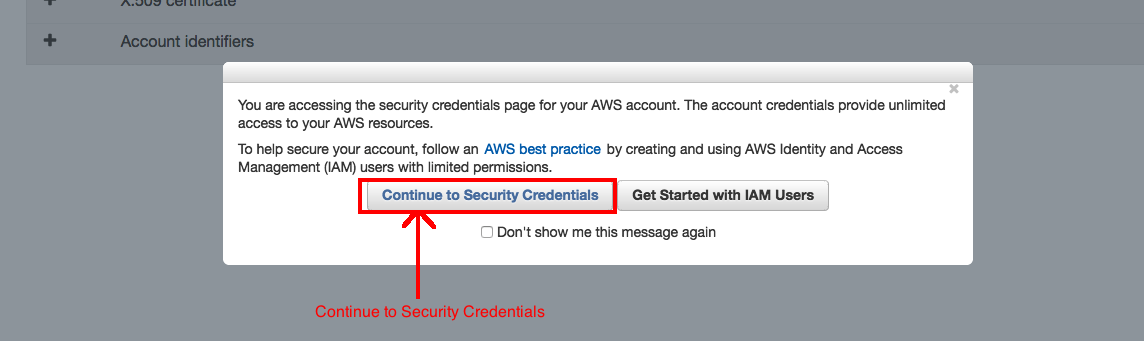 Continue to AWS Security Credentials